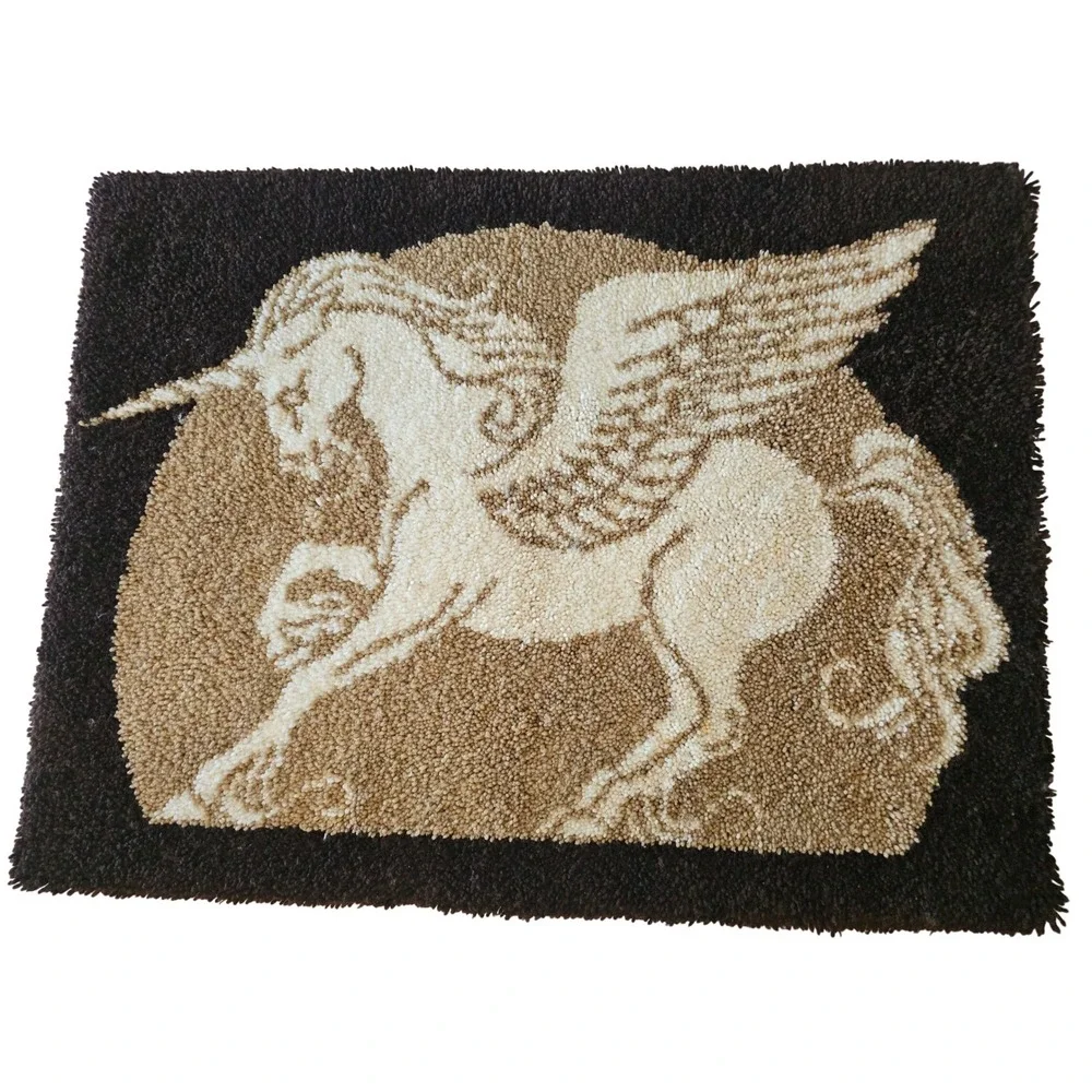 Vintage Latch Hook Rug Wall Hanging Unicorn Pegasus Brown Tan 36x48